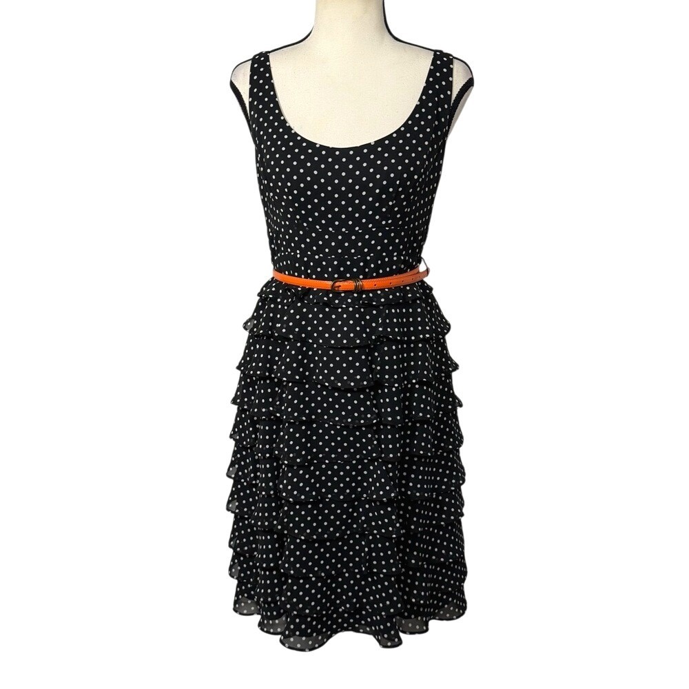 Eliza J Polka Dot Mini Dress‎ Tiered Ruffles Black White Belted Retro Preppy 4
